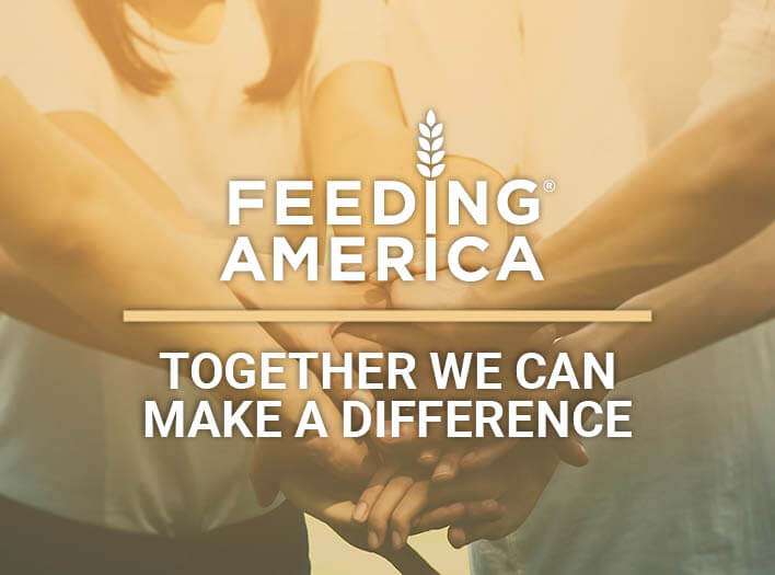 Feeding America, Together We can make a difference text with a group handshake